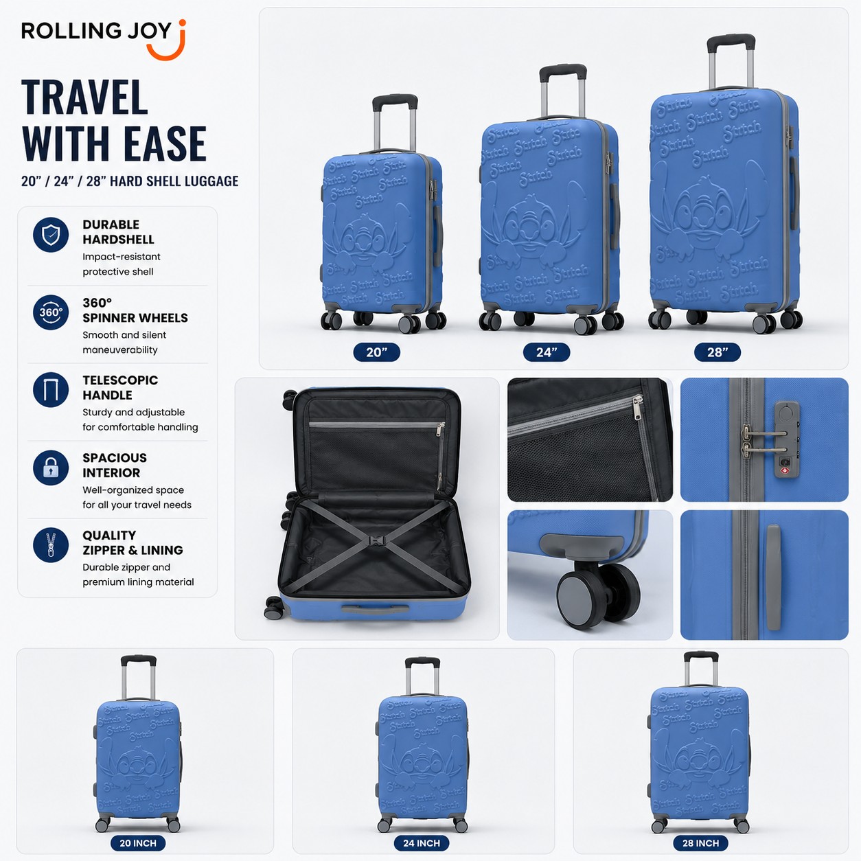 Rolling Joy OEM Rolling Joy Stitch licensed bright blue ABS PC hard shell trolley case set 20 24 28 inch 20inch 24inch 28inch 3-piece ABS+PC composite hard shell