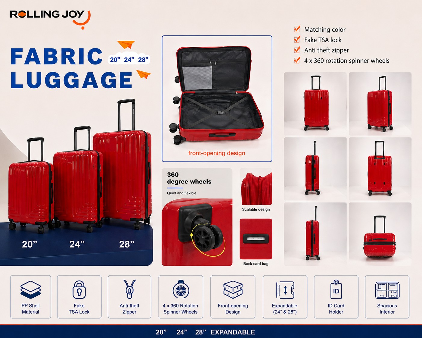 Rolling Joy OEM Rolling Joy red front opening expandable ABS PC hard shell trolley case set 20 24 28 inch anti theft zipper spinner 20inch 24inch 28inch 3-piece ABS+PC composite ha view 2