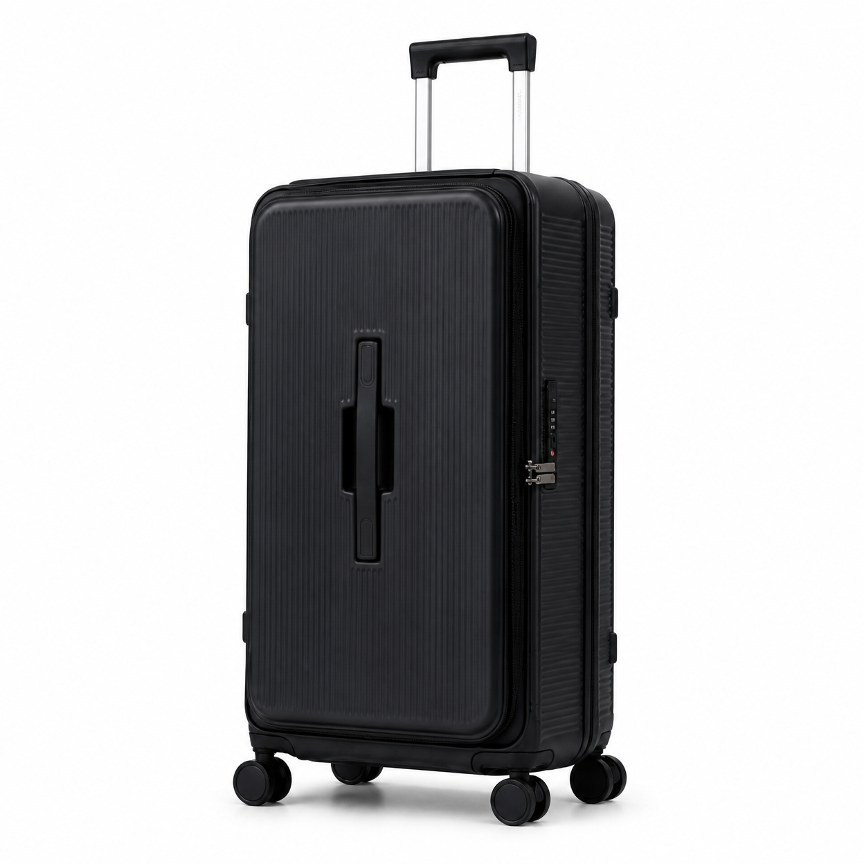 Rolling Joy OEM Rolling Joy black front opening vertical ribbed ABS PC hard shell trolley case set 20 24 28 inch cup holder TSA spinner 20inch 24inch 28inch 3-piece ABS+PC composit