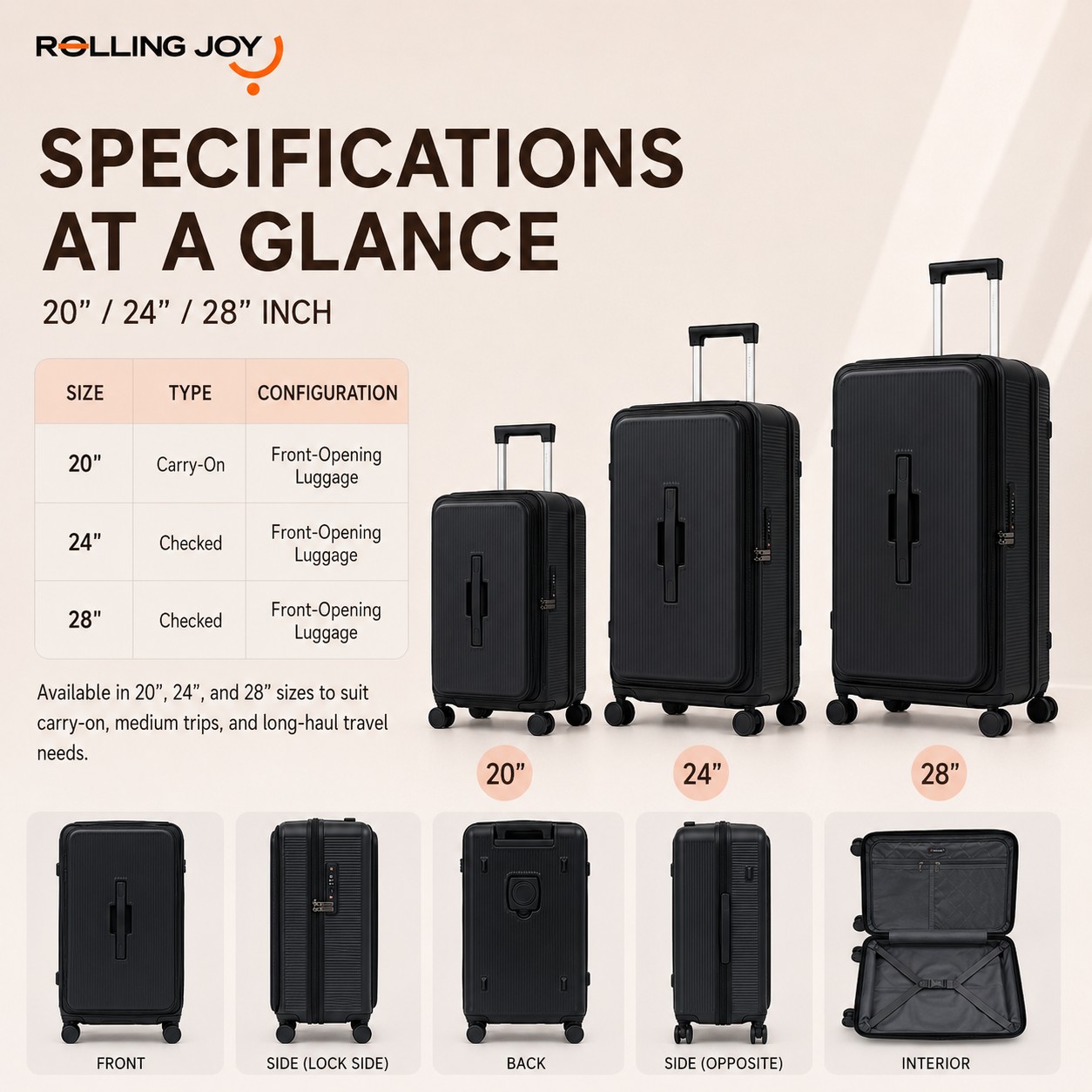 Rolling Joy OEM Rolling Joy black front opening vertical ribbed ABS PC hard shell trolley case set 20 24 28 inch cup holder TSA spinner 20inch 24inch 28inch 3-piece ABS+PC composit view 2