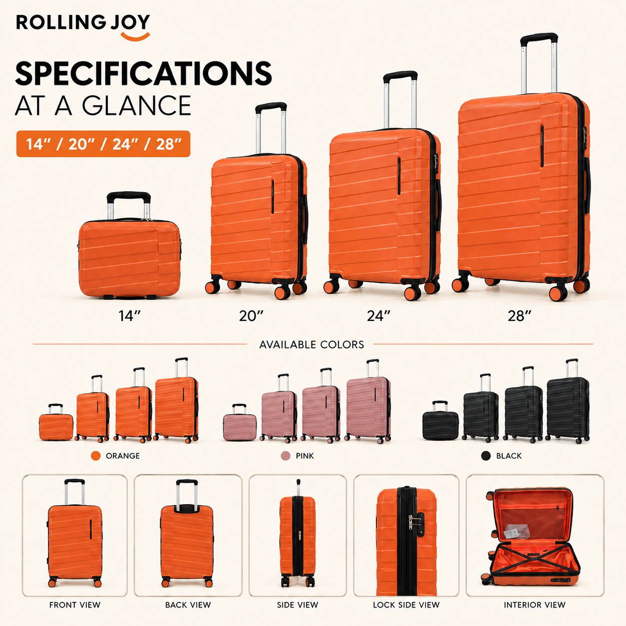 Rolling Joy OEM Rolling Joy orange 4 piece ABS hard shell trolley case set 14 20 24 28 inch 3 colors pink black horizontal ribbed 14inch 20inch 24inch 28inch 4-piece ABS hard shell view 2