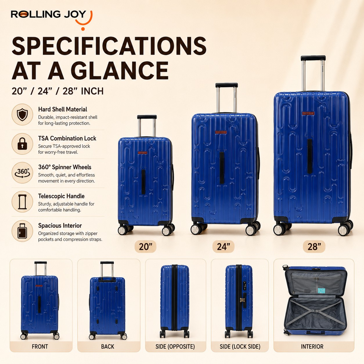 Rolling Joy OEM Rolling Joy bright blue wave texture PC polycarbonate hard shell trolley case set 20 24 28 inch TSA spinner 20inch 24inch 28inch 3-piece PC Polycarbonate hard shell view 2