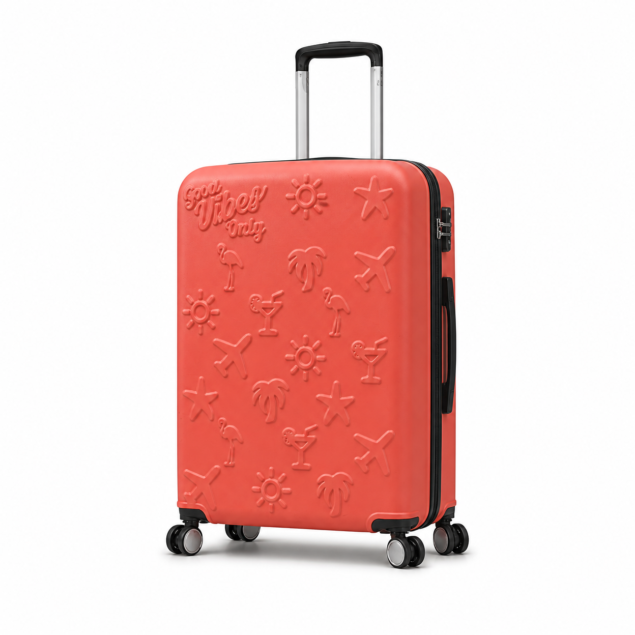 Rolling Joy OEM Rolling Joy coral pink good vibes embossed PC polycarbonate hard shell trolley case set 20 24 28 inch TSA spinner 20inch 24inch 28inch 3-piece PC Polycarbonate hard