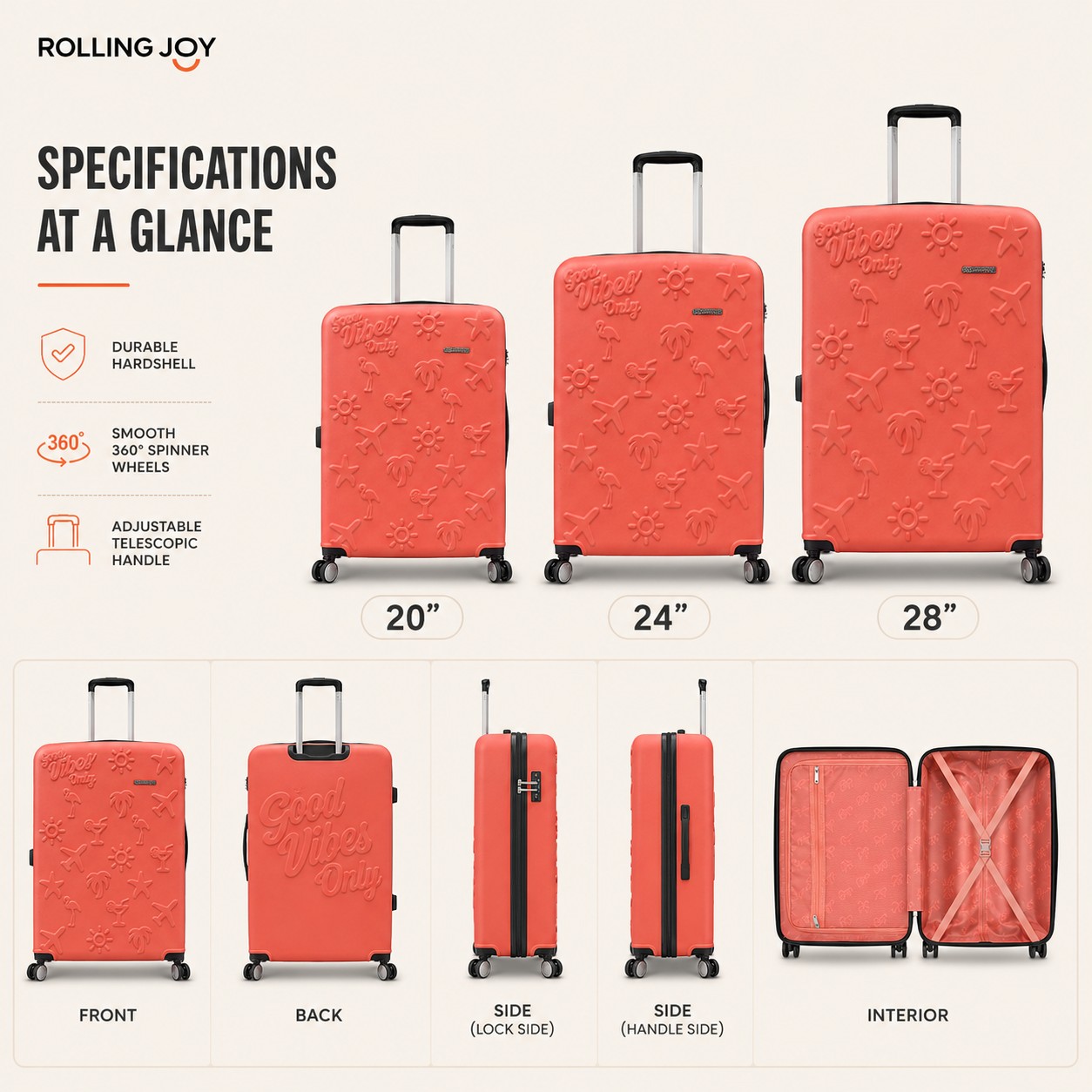 Rolling Joy OEM Rolling Joy coral pink good vibes embossed PC polycarbonate hard shell trolley case set 20 24 28 inch TSA spinner 20inch 24inch 28inch 3-piece PC Polycarbonate hard view 2