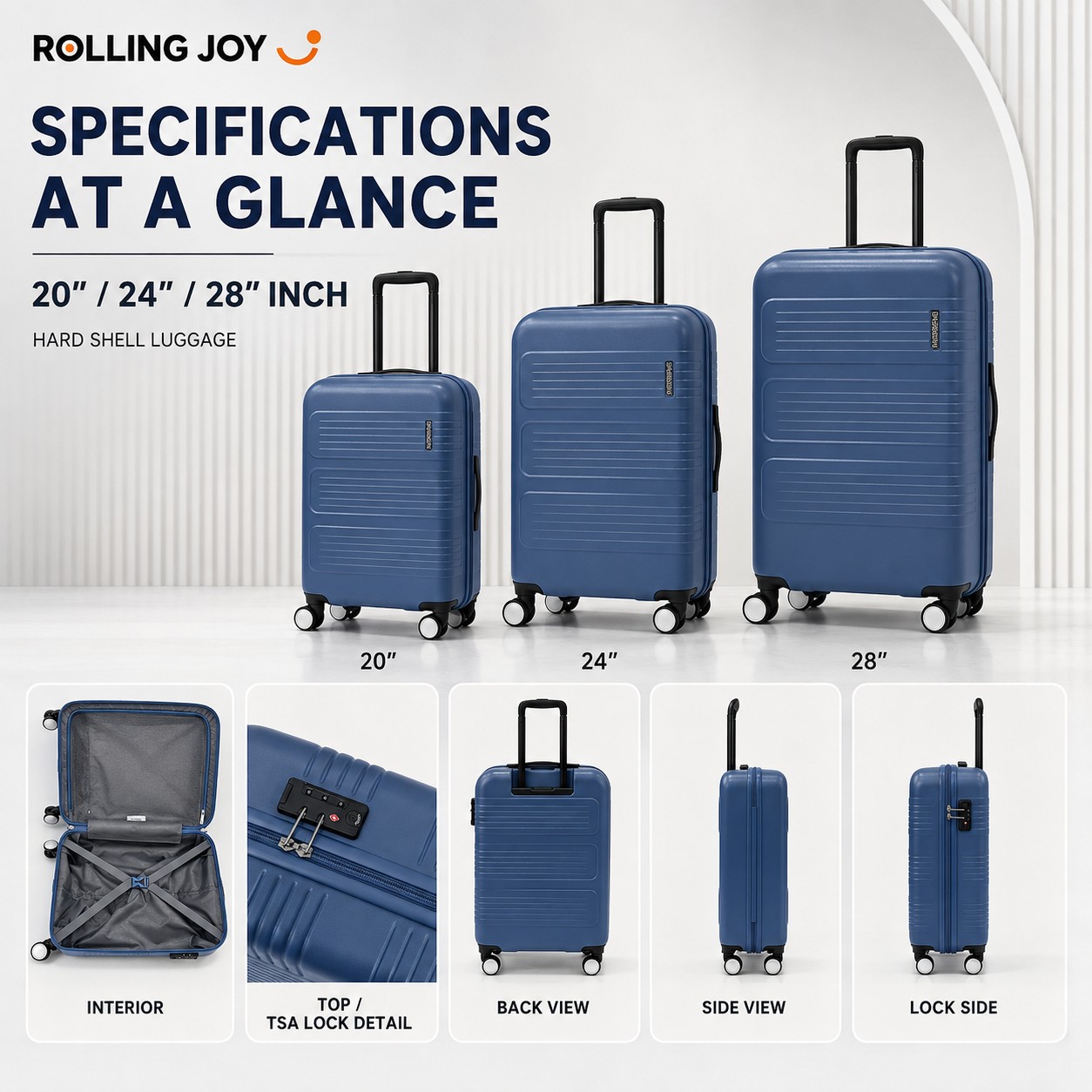 Rolling Joy OEM Rolling Joy medium blue horizontal ribbed PC polycarbonate hard shell trolley case set 20 24 28 inch TSA spinner 20inch 24inch 28inch 3-piece PC Polycarbonate hard  view 2
