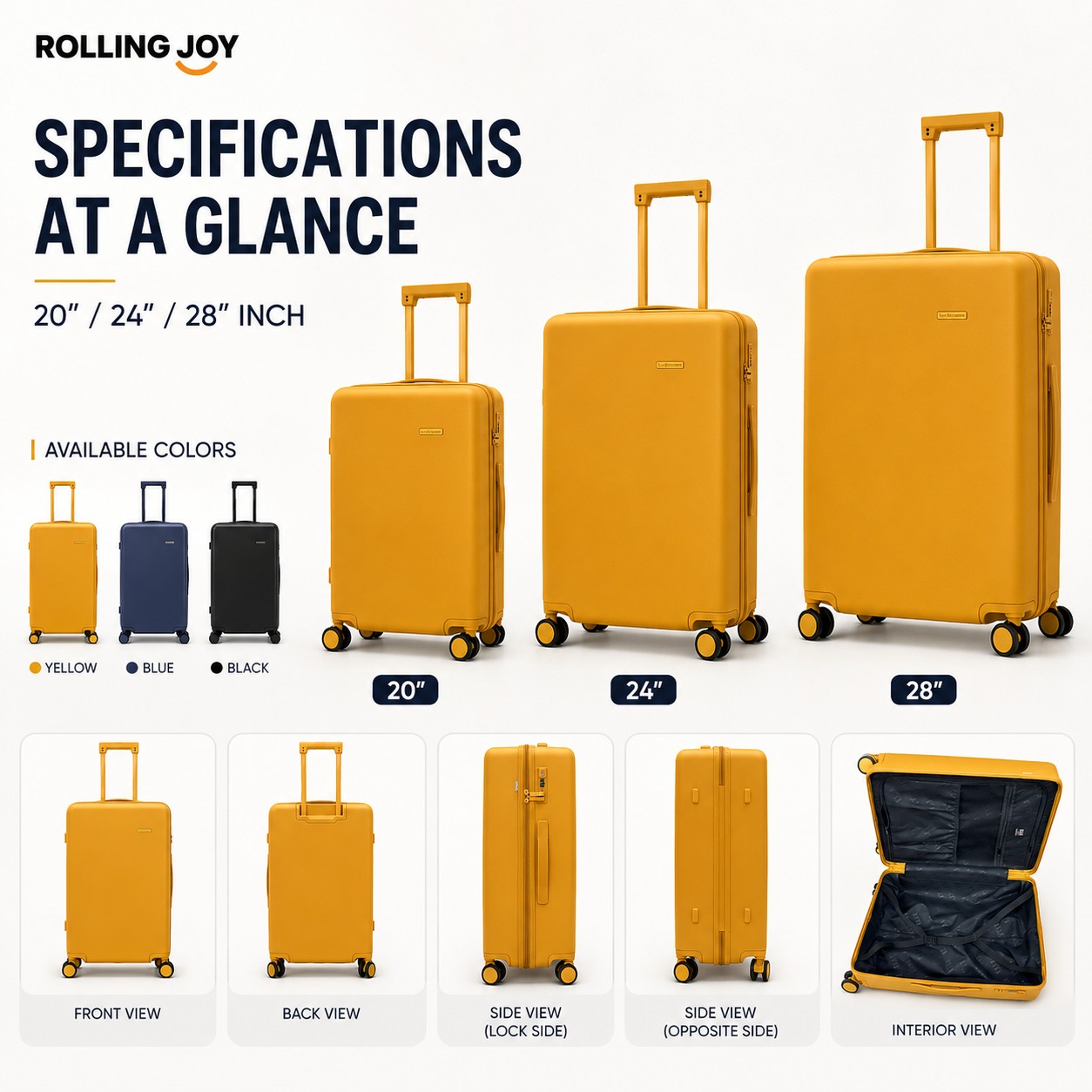 Rolling Joy OEM Rolling Joy yellow PC polycarbonate hard shell trolley case set 20 24 28 inch 3 colors blue black TSA spinner 20inch 24inch 28inch 3-piece PC Polycarbonate hard she view 2