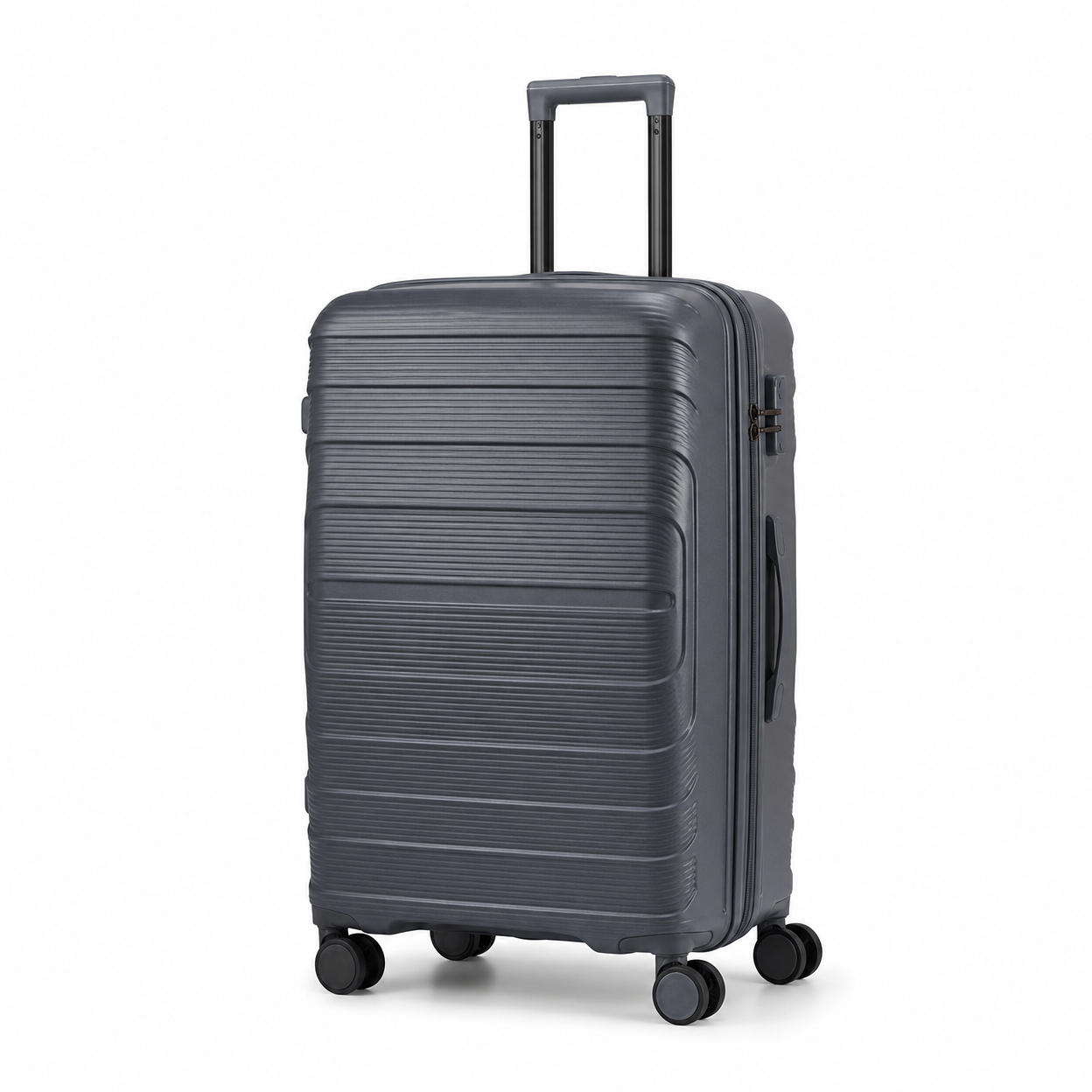 Rolling Joy OEM three color ribbed PP hard shell luggage set grey pink blue 3 in 3 colors — dark grey dusty pink sky blue Virgin PP hard-shell, ribbed texture