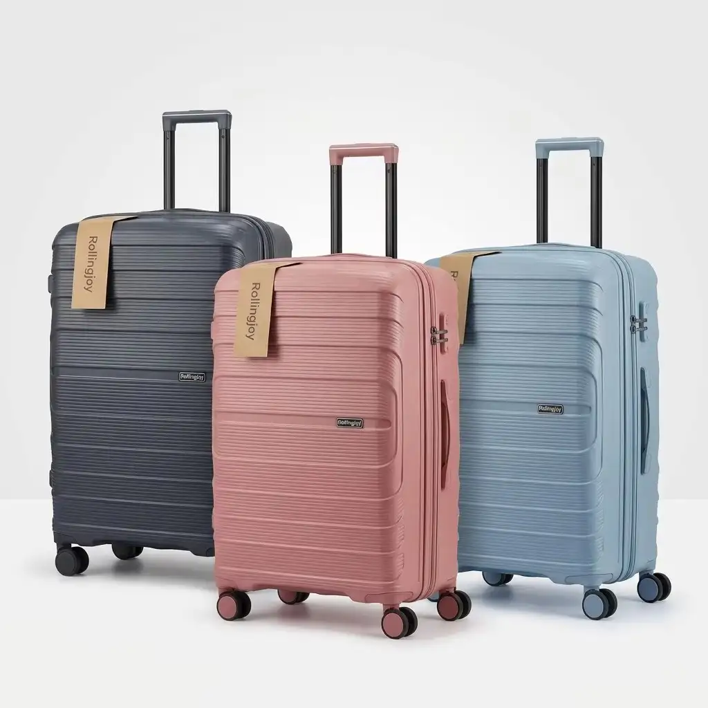 Rolling Joy OEM three color ribbed PP hard shell luggage set grey pink blue 3 in 3 colors — dark grey dusty pink sky blue Virgin PP hard-shell, ribbed texture view 2