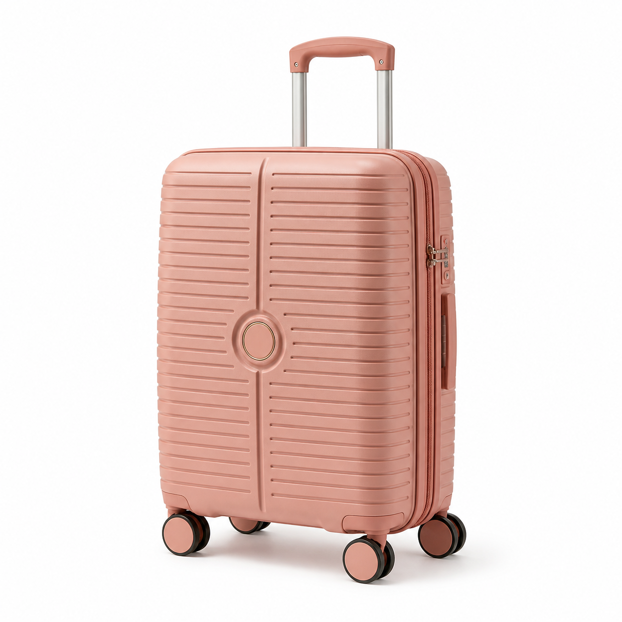 Rolling Joy OEM blush pink ribbed PP hard shell trolley case family travel lifestyle 20inch 24inch 28inch Virgin PP hard-shell, symmetric ribbed texture