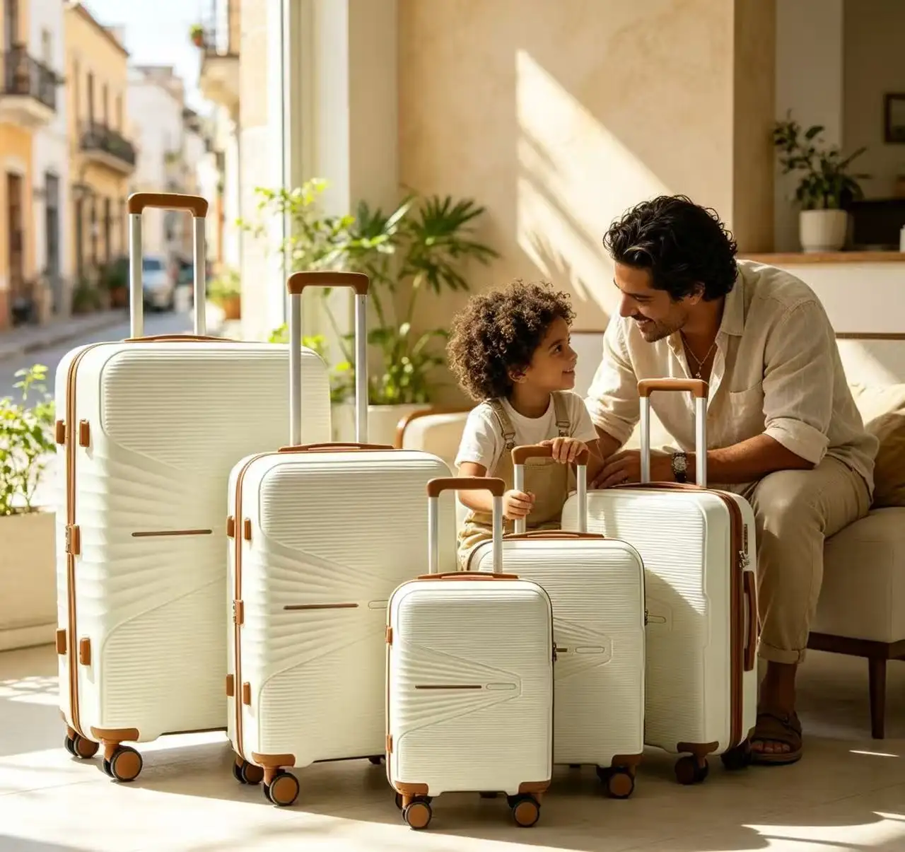 Rolling Joy OEM cream sunray 5 piece PP luggage set family travel lifestyle 5 pieces — large, medium-large, medium, carry-on, toddler PP hard-shell, sunray molded pattern view 2