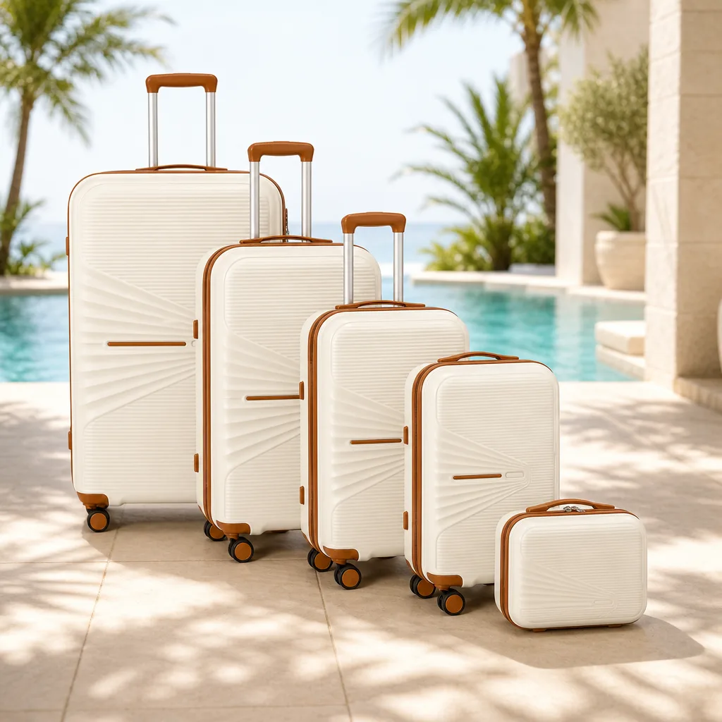 Rolling Joy OEM cream sunray 5 piece PP luggage set family travel lifestyle 5 pieces — large, medium-large, medium, carry-on, toddler PP hard-shell, sunray molded pattern