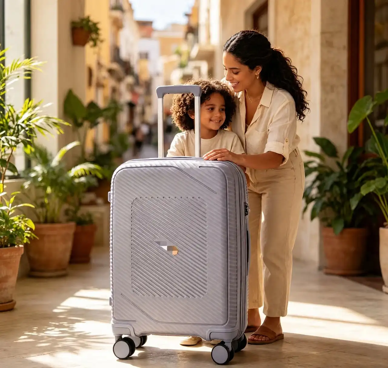 Rolling Joy OEM lavender grey ribbed PP hard shell trolley case travel lifestyle PP hard-shell, vertical ribs + diagonal center panel view 2