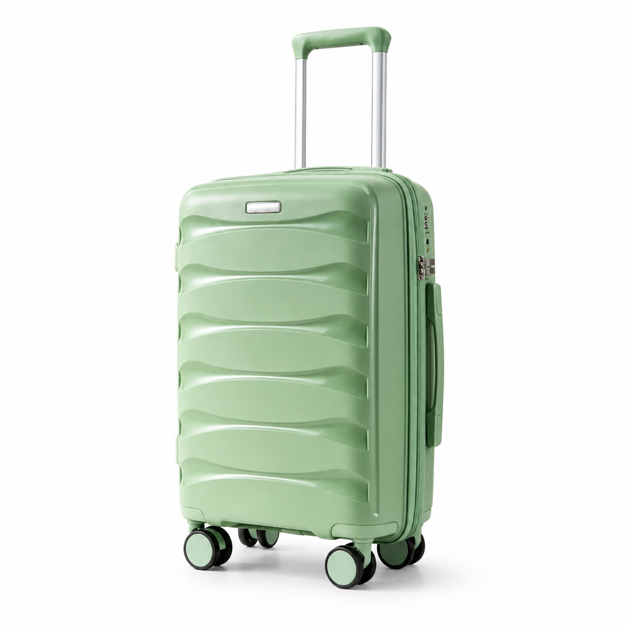 Rolling Joy OEM mint green ribbed PP hard shell trolley case travel lifestyle PP hard-shell, undulating horizontal ridges