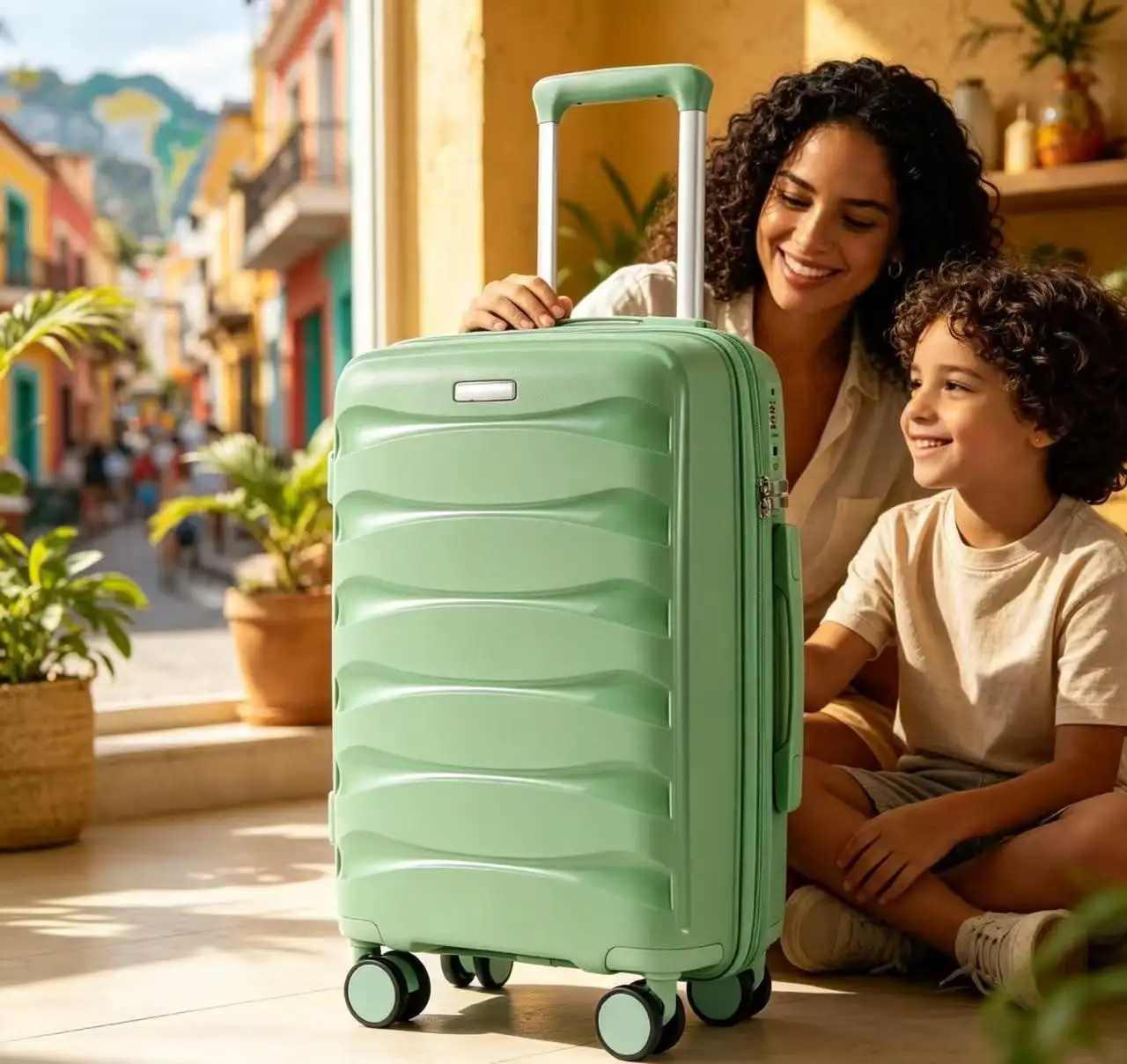 Rolling Joy OEM mint green ribbed PP hard shell trolley case travel lifestyle PP hard-shell, undulating horizontal ridges view 2