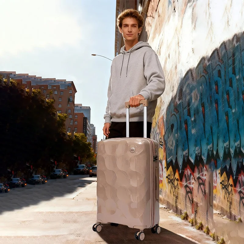 Rolling Joy OEM PP hard-shell trolley case set 18 to 28 inch with male model Virgin PP circular wave texture TSA lock iron trolley expanding zipper