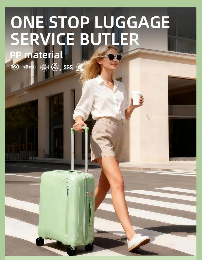 Rolling Joy OEM PP hard-shell trolley case set with female model Virgin PP vertical rib texture TSA lock iron trolley expanding zipper
